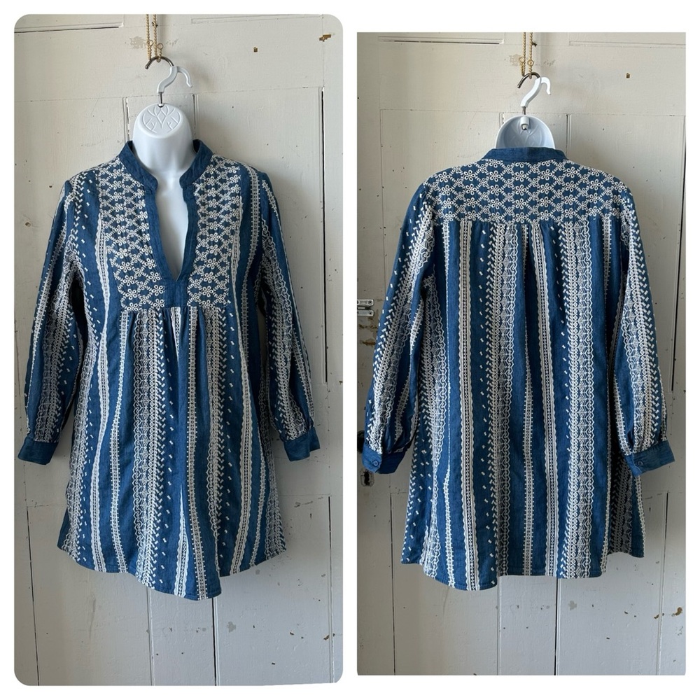 Zara Embroidered Eyelet Chambray Tunic Peasant Mini Dress